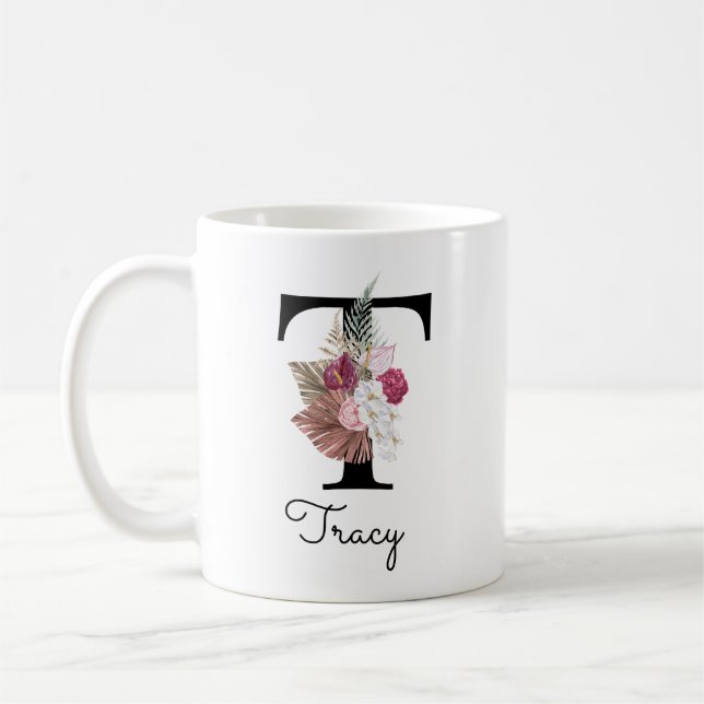 Caneca De Café Monograma Rosa Boho Girly Floral Inicial T (Esquerda)