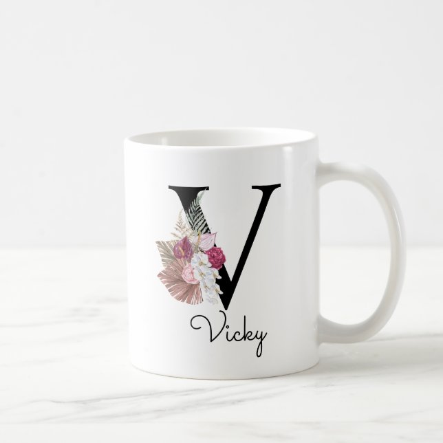 Caneca De Café Monograma Rosa Boho Girly Floral Inicial V (Direita)