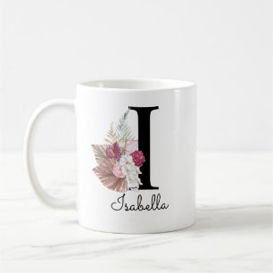 Caneca De Café Monograma Rosa Boho Menina Floral Inicial I
