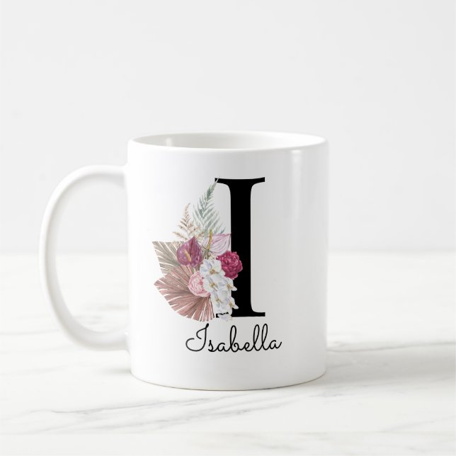 Caneca De Café Monograma Rosa Boho Menina Floral Inicial I (Esquerda)