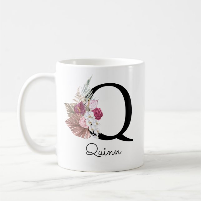 Caneca De Café Monograma Rosa Boho Menina Floral Inicial Q (Esquerda)