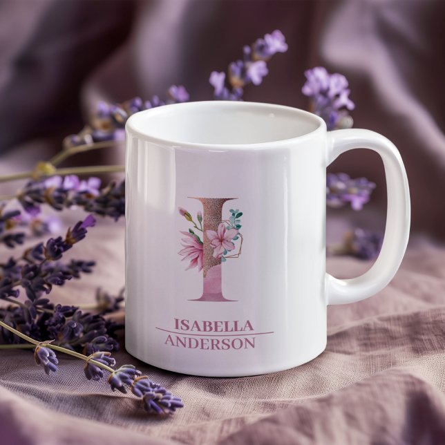 Caneca De Café Monograma Rosa Dourada Watercolor - Letra I (Criador carregado)