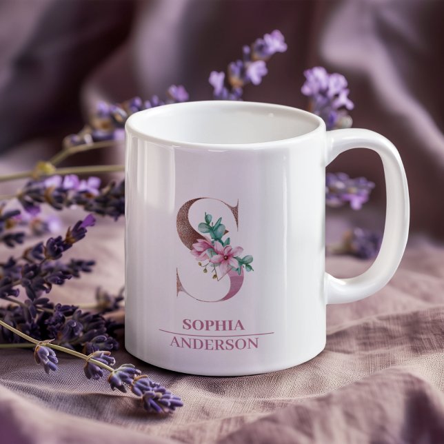 Caneca De Café Monograma Rosa Dourada Watercolor - Letra S (Criador carregado)