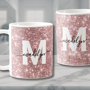 Caneca De Café Monograma Rosa Dourado Brilhante