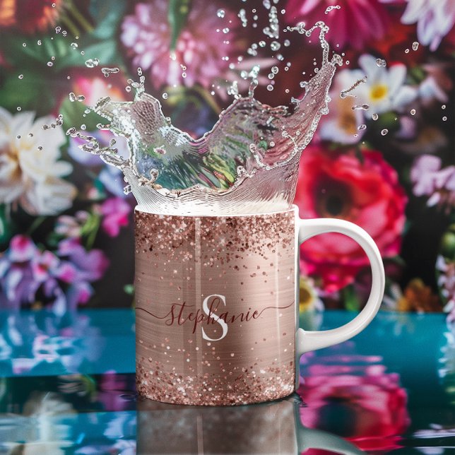 Caneca De Café Monograma Rosa Dourado Faux-Glitter Girly Glam (Monogram Rose Gold Glitter Girly Glam Coffee Mug)