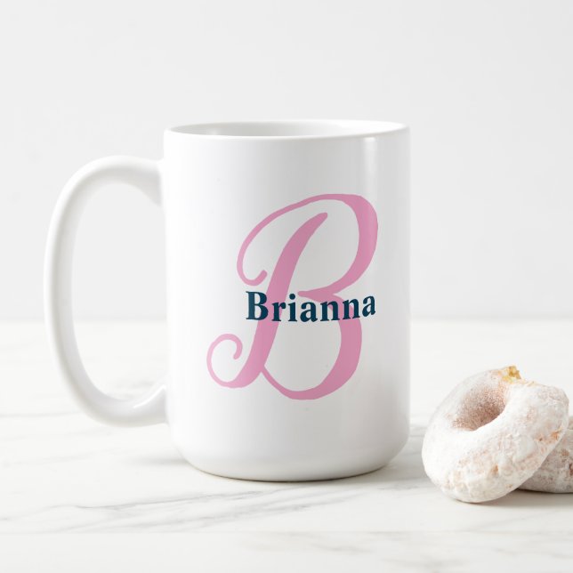 Caneca De Café Monograma Rosa Personalizado - Letra B Nome Person (Com Donut)