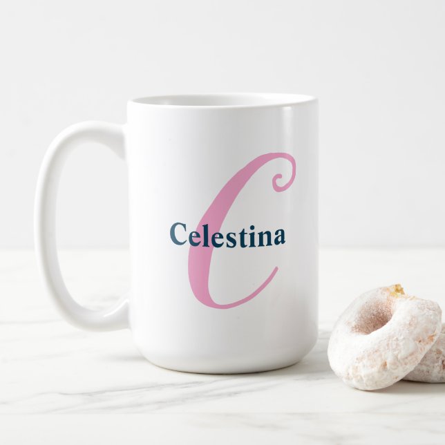 Caneca De Café Monograma Rosa Personalizado - Letra C Nome Person (Com Donut)