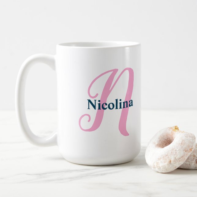 Caneca De Café Monograma Rosa Personalizado - Letra N Nome Person (Com Donut)