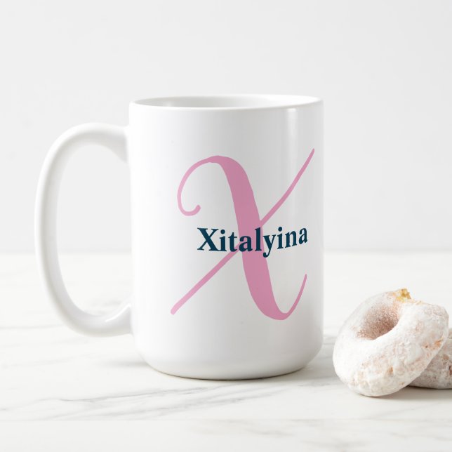 Caneca De Café Monograma Rosa Personalizado - Letra X Nome Person (Com Donut)