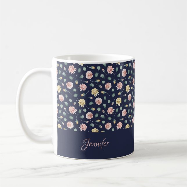 Caneca De Café Monograma | Rosas dispersos Blue Floral Custom (Esquerda)