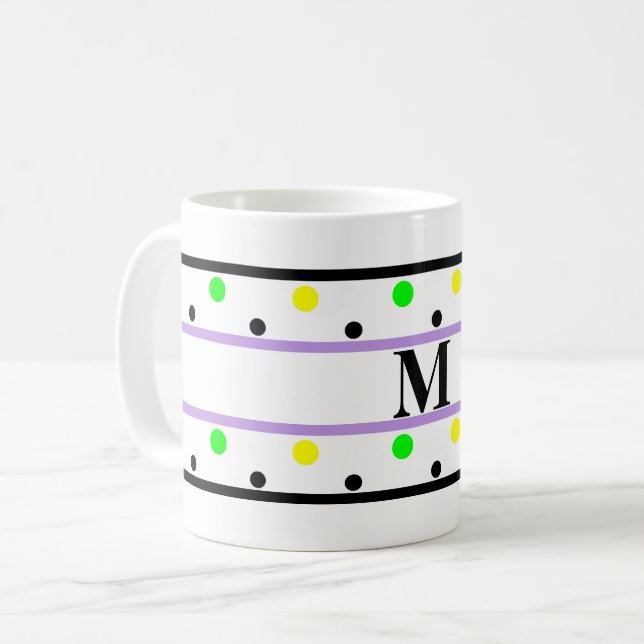 Caneca De Café Monograma Roxo Amarelo Verde Bolinhas (Frente Esquerda)
