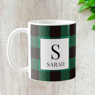 Caneca De Café Monograma Rústico Búfalo Verde e Preto Xadrez Nome