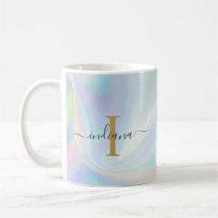 Caneca De Café Monograma Script Inicial Holográfico Moderno Mãe