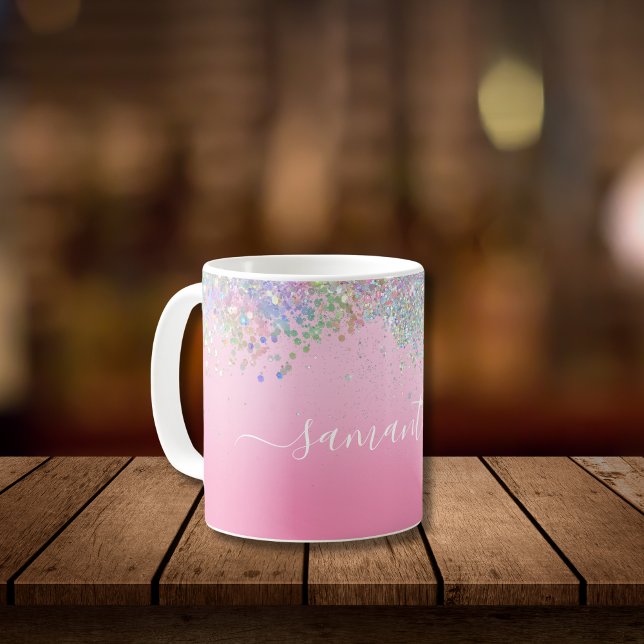 Caneca De Café Monograma Script Name Rosa Glitter Girly Glam Blin (Monogrammed Script Font Pink White Glitter Girly Glam Bling Coffee Mug)