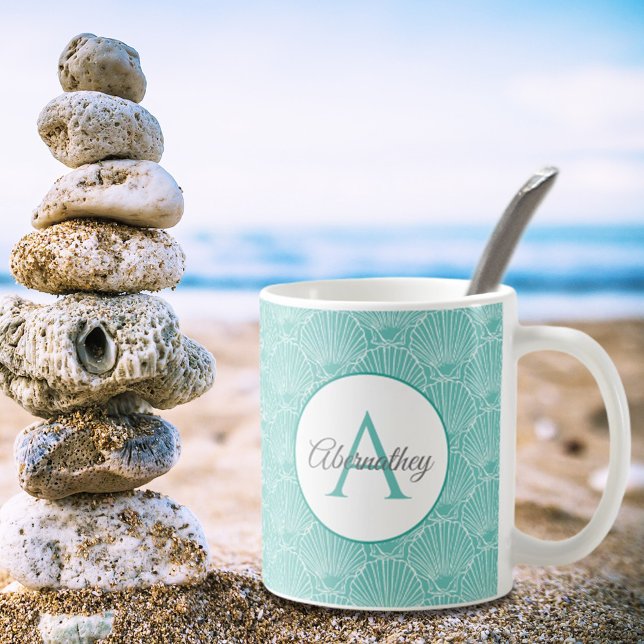 Caneca De Café Monograma Sea Shell Skeleton Pattern Beach House (A set of these is a nice wedding or housewarming gift with the initial letter monogram and name. )