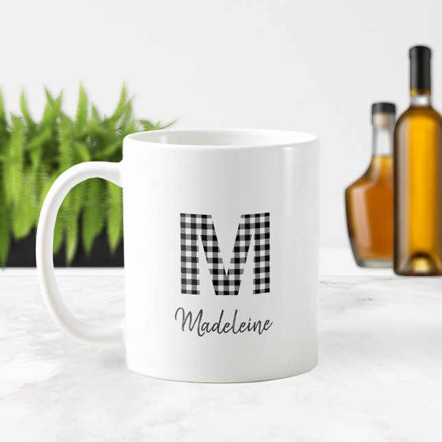 Caneca De Café 🖤 Monograma Simples de Xadrez de Buffalo (🖤 Simple Buffalo Plaid Monogram Coffee Mug
)
