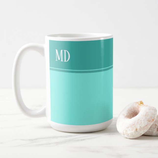 Caneca De Café Monograma Simples e Bonito de Azul Teal Stripado (Com Donut)