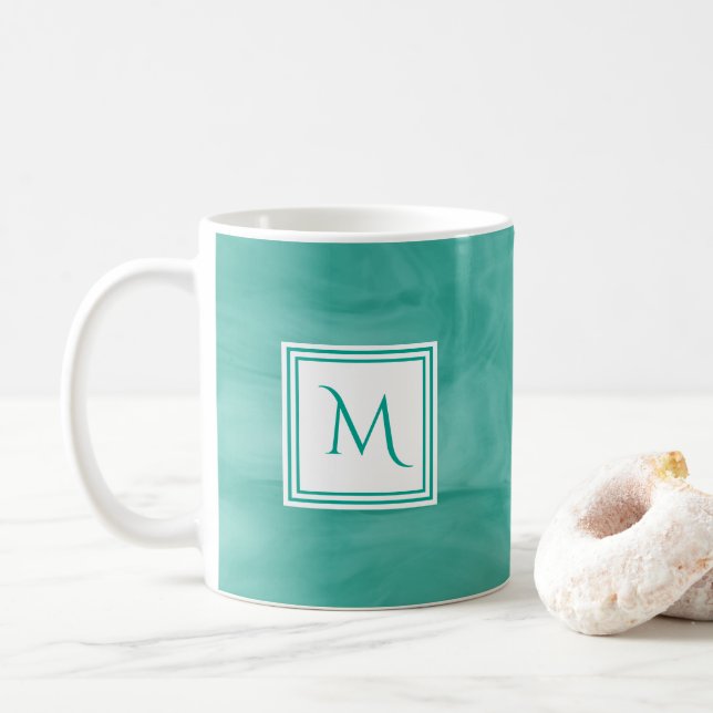 Caneca De Café Monograma Simples Verde Sutil Marble Moderno (Com Donut)