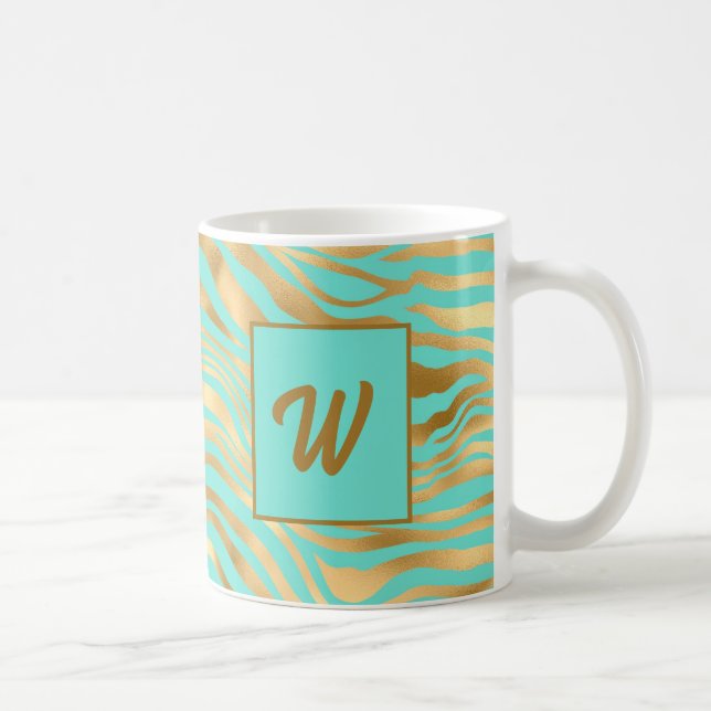 Caneca De Café Monograma Teal e Impressão em Animais Dourados (Direita)