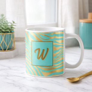 Caneca De Café Monograma Teal e Impressão em Animais Dourados