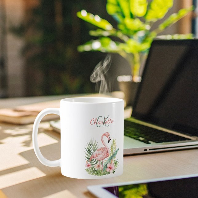 Caneca De Café Monograma tropical de verão rosa flamingo (Criador carregado)