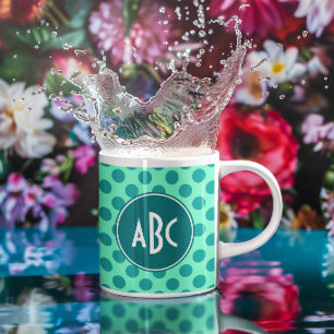 Caneca De Café Monograma Verde Teal com Bolinhas