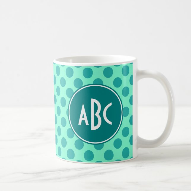 Caneca De Café Monograma Verde Teal com Bolinhas (Direita)