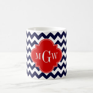 Caneca De Café Monograma vermelho branco de Chevron Quatrefoil 3