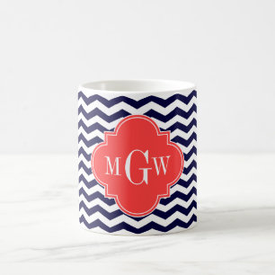 Caneca De Café Monograma vermelho coral Tn de Chevron Quatrefoil