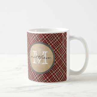 Caneca De Café Monograma vermelho do fundo da xadrez