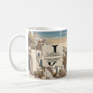Caneca De Café Monograma viagem verde da grécia Santorini