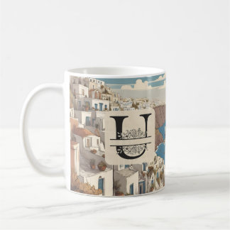 Caneca De Café Monograma viagem verde da grécia Santorini