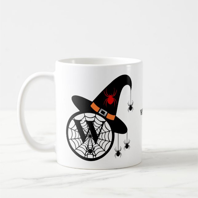 Caneca De Café Monograma W Halloween Bruxas Aranha Seu Nome (Esquerda)