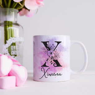 Caneca De Café Monograma X de Letra Preta Floral Roxo Rosa