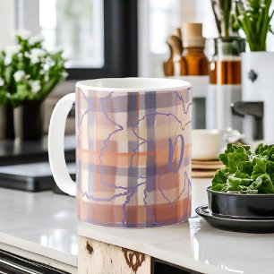 Caneca De Café Monograma xadrez outono folhas beige laranja púrpu
