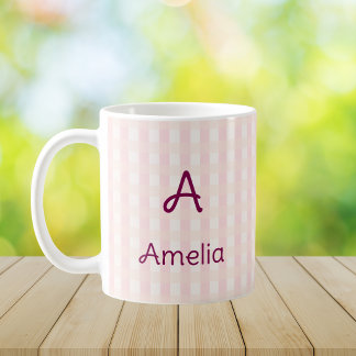 Caneca De Café Monograma Xadrez Rosa Nome Personalizado 
