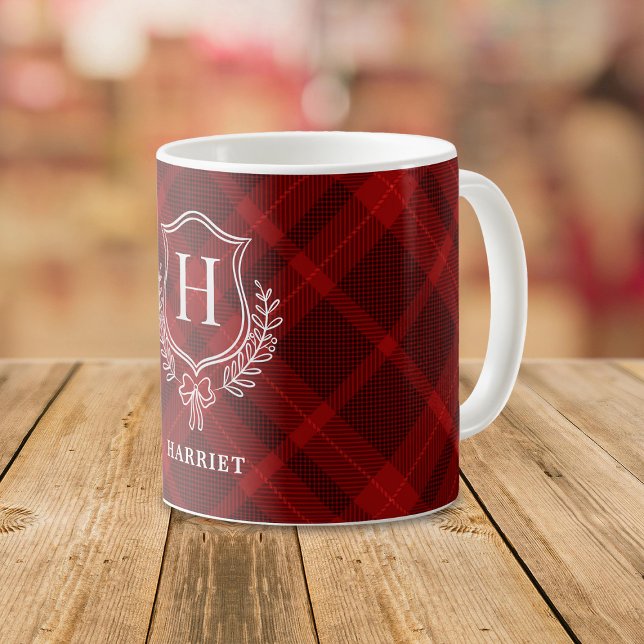 Caneca De Café Monograma Xadrez Vermelha Tartan Inicial (Criador carregado)