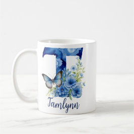 Caneca de café monogramada floral azul de 325 ml