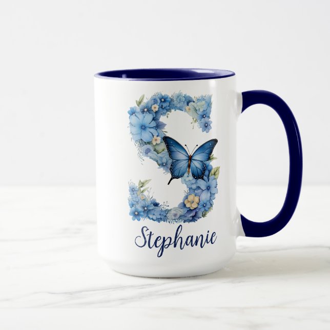 Caneca de café monogramada Floral Azul de 450ml (Direita)