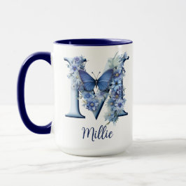 Caneca de café monogramada Floral Blue de 15 oz