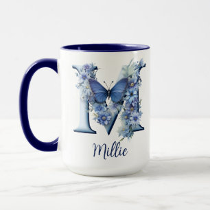 Caneca de café monogramada Floral Blue de 15 oz