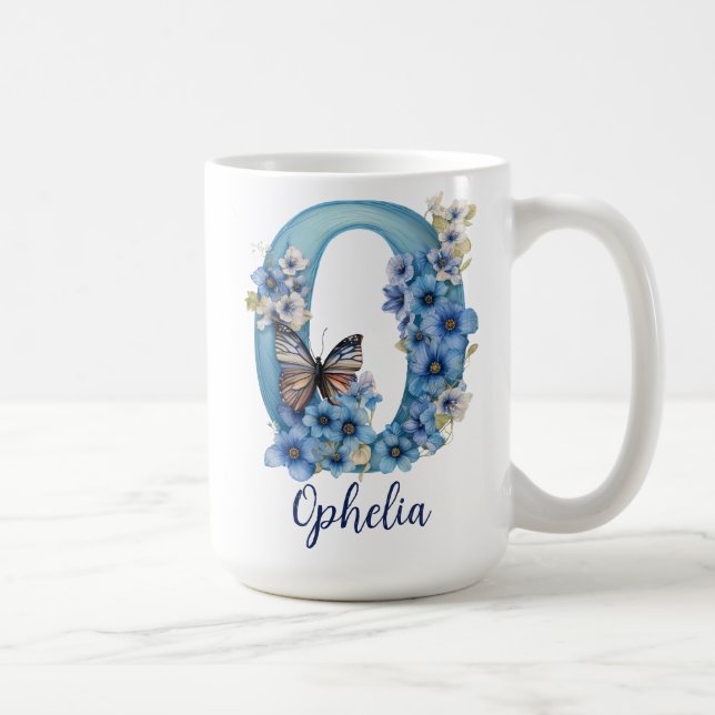 Caneca de café monogramada Floral Blue de 15 oz (Direita)