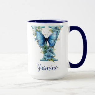 Caneca de café monogramada Floral Blue de 15 oz