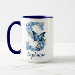 Caneca de café monogramada Floral Blue de 15 oz