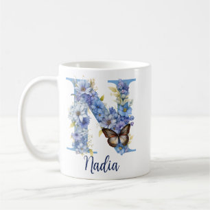 Caneca de café monogramada Floral Blue de 330 ml