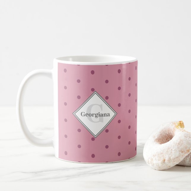 Caneca De Café Monogramas Bolinhas vermelhos Rosas geométricas (Com Donut)