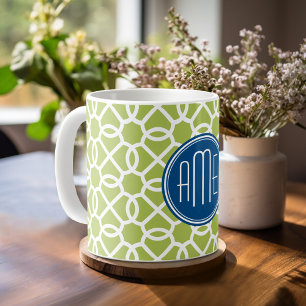 Caneca De Café Monogramas com Padrão Geométrico Verde Lima e Azul