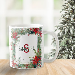 Caneca De Café Monogramas Elegante Natal Botânico