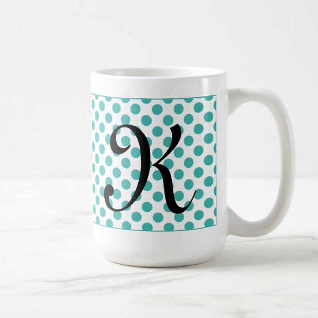Caneca De Café Monogramas Iniciais Aqua Bolinhas Mug (Direita)