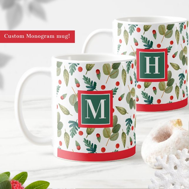Caneca De Café Monogramas, verde festivo e Holly, verde vermelho (Criador carregado)
